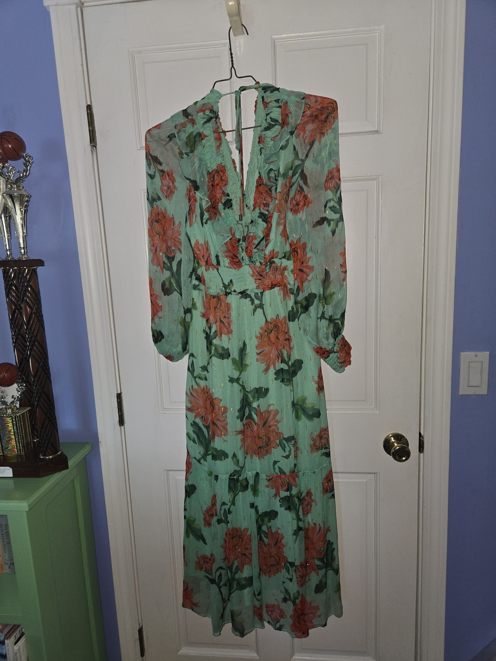 Anthropologie Mint Green Maxi Dress with Coral Floral Print - L - Picture 2 of 5